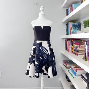 Halston Heritage Strapless Notch Neck Asymmetrical Dress Black White Sz 4